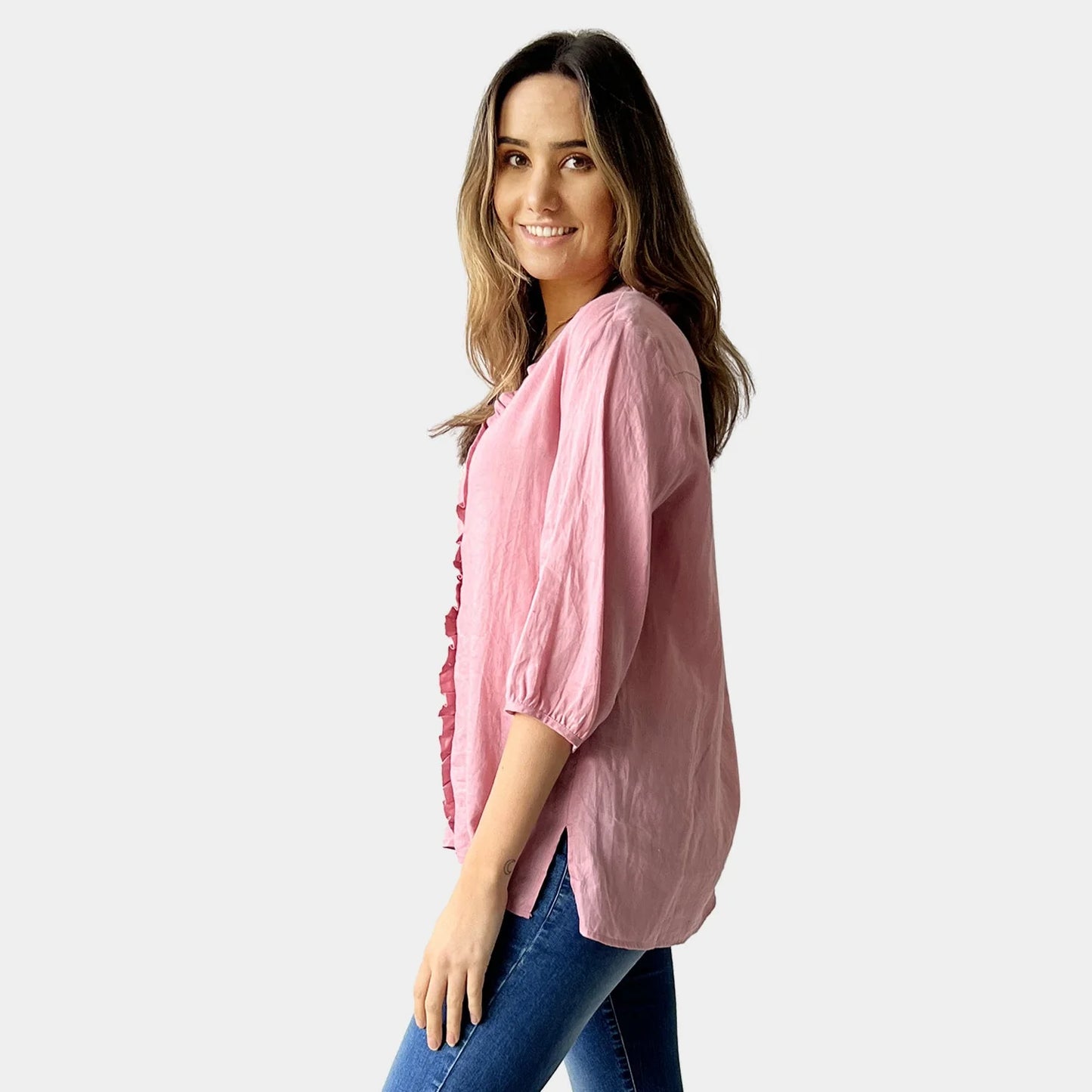 V-NECK FRILL LINEN TOP
