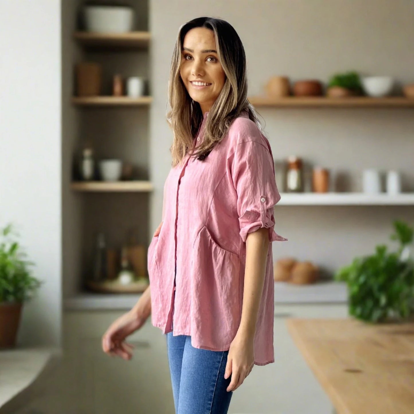 LOOSE LINEN SHIRT PINK