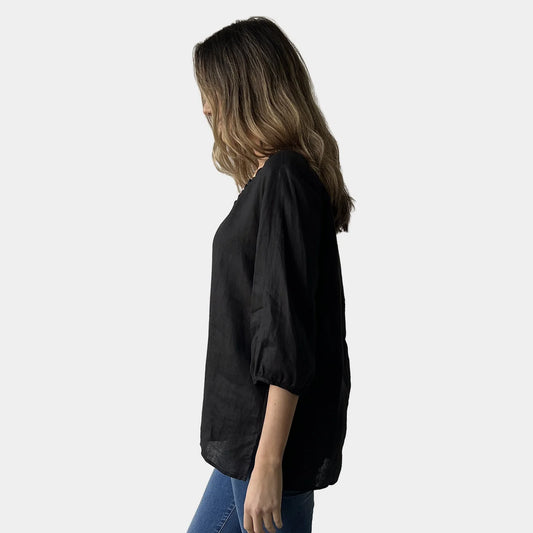 FRILL LINEN TOP BLACK