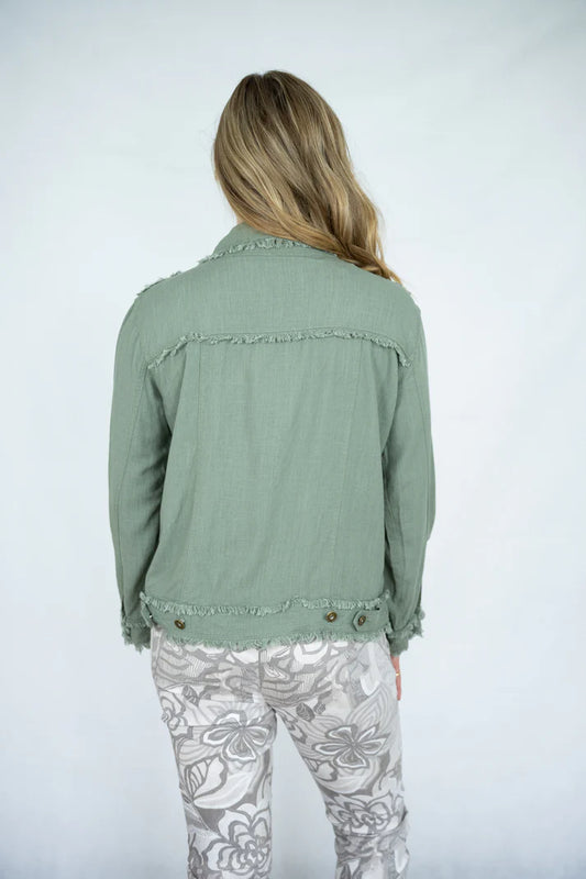 LINEN FRINGE JACKET IN KHAKI