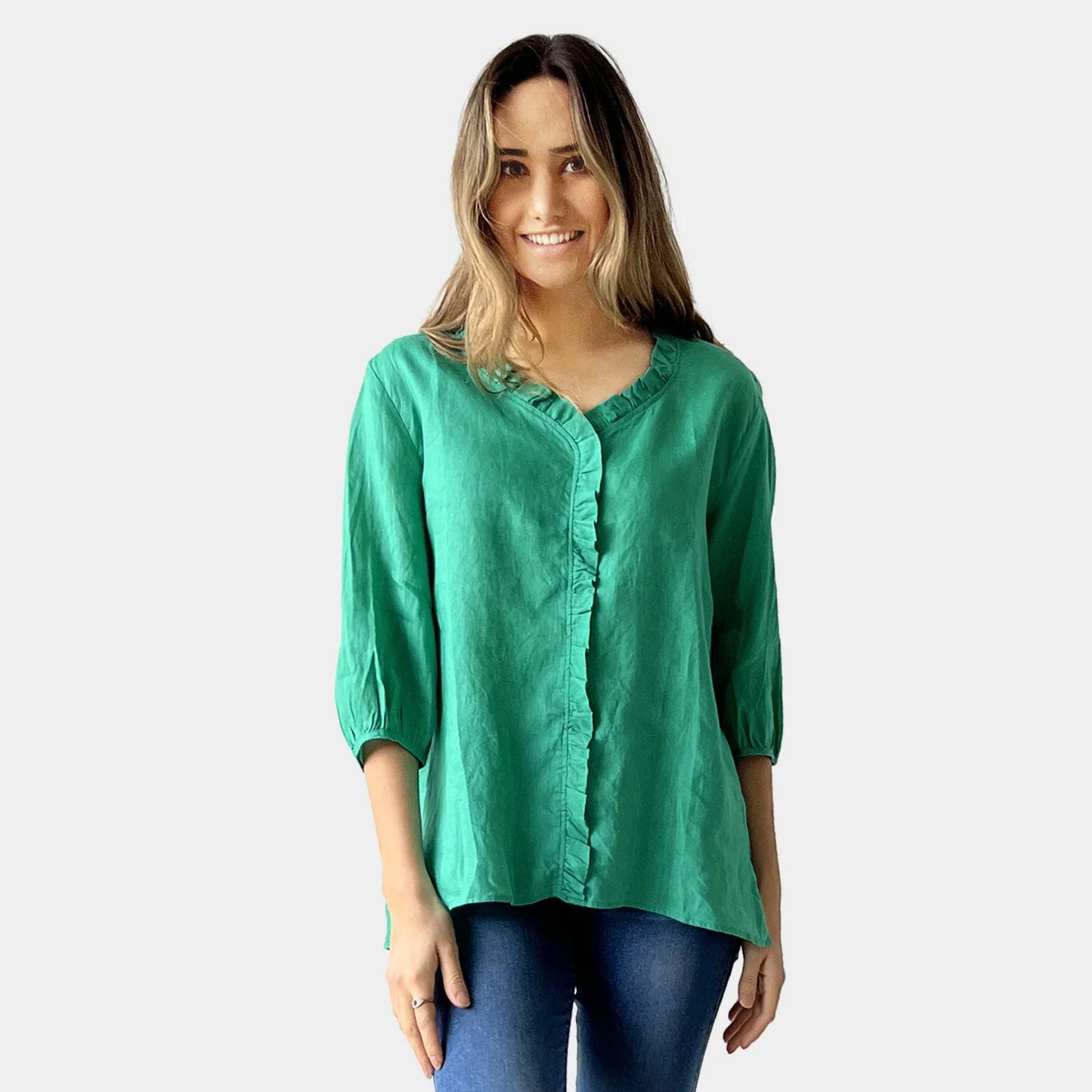 FRILL V-NECK LINEN TOP