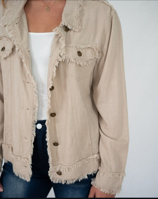 LINEN FRINGE JACKET IN TAUPE