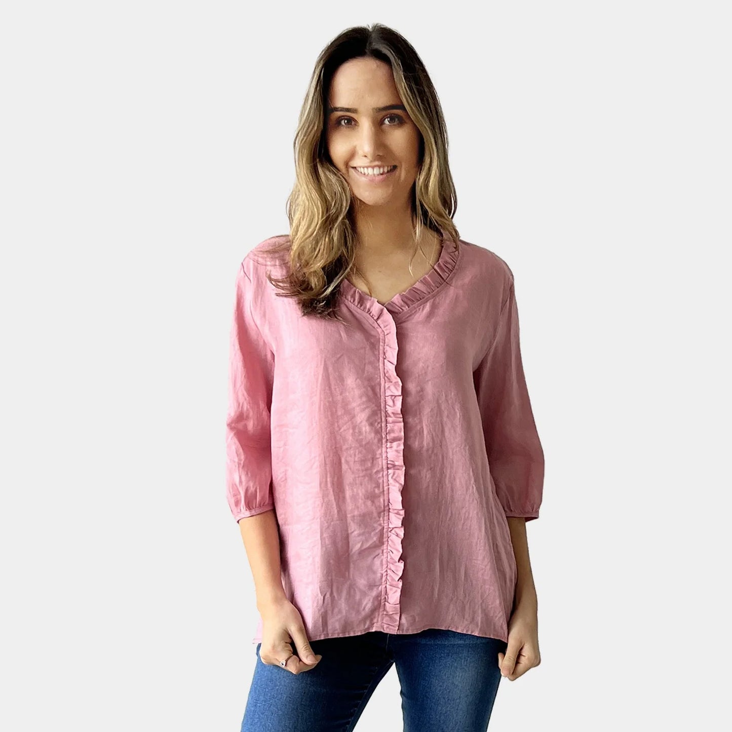 V-NECK FRILL LINEN TOP