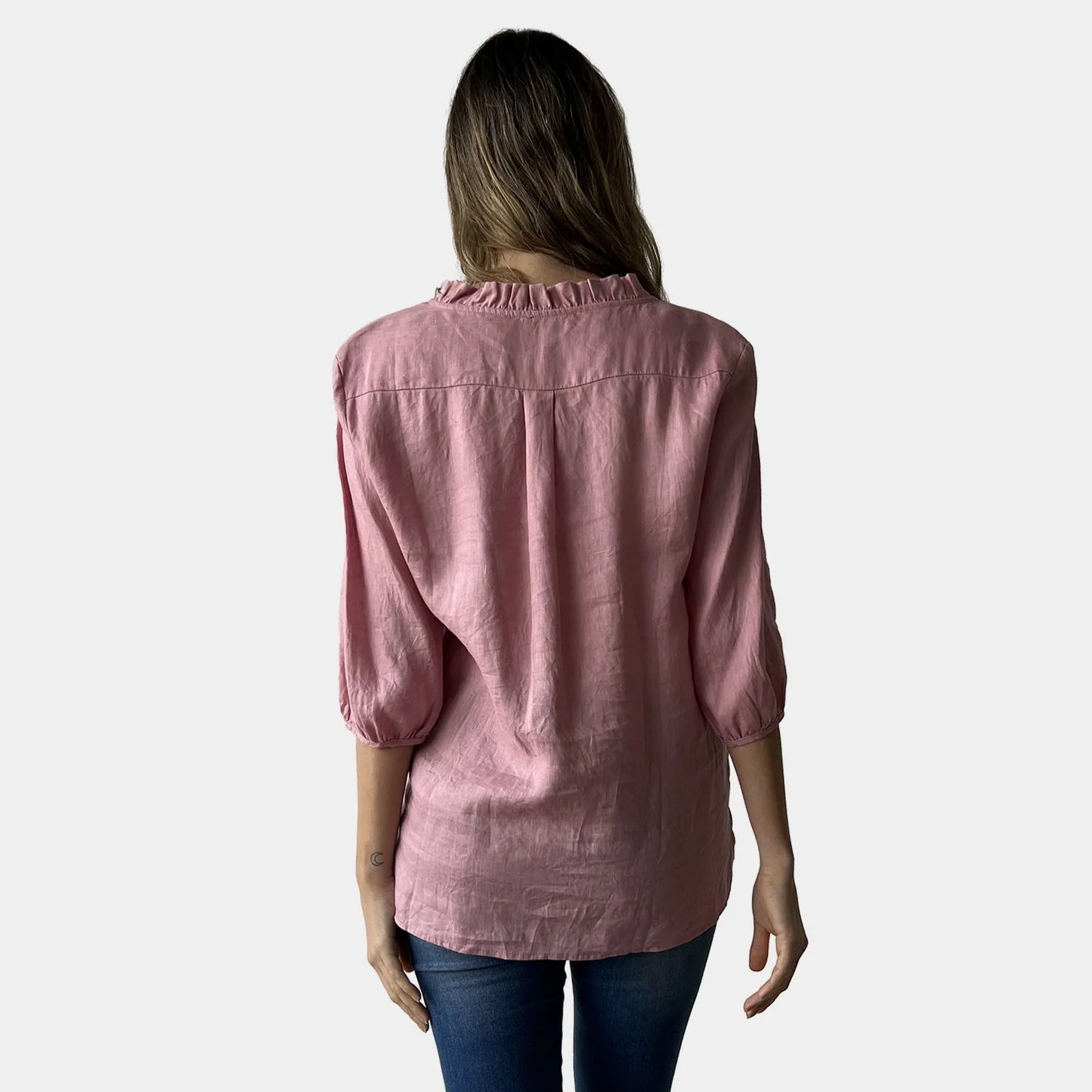 V-NECK FRILL LINEN TOP