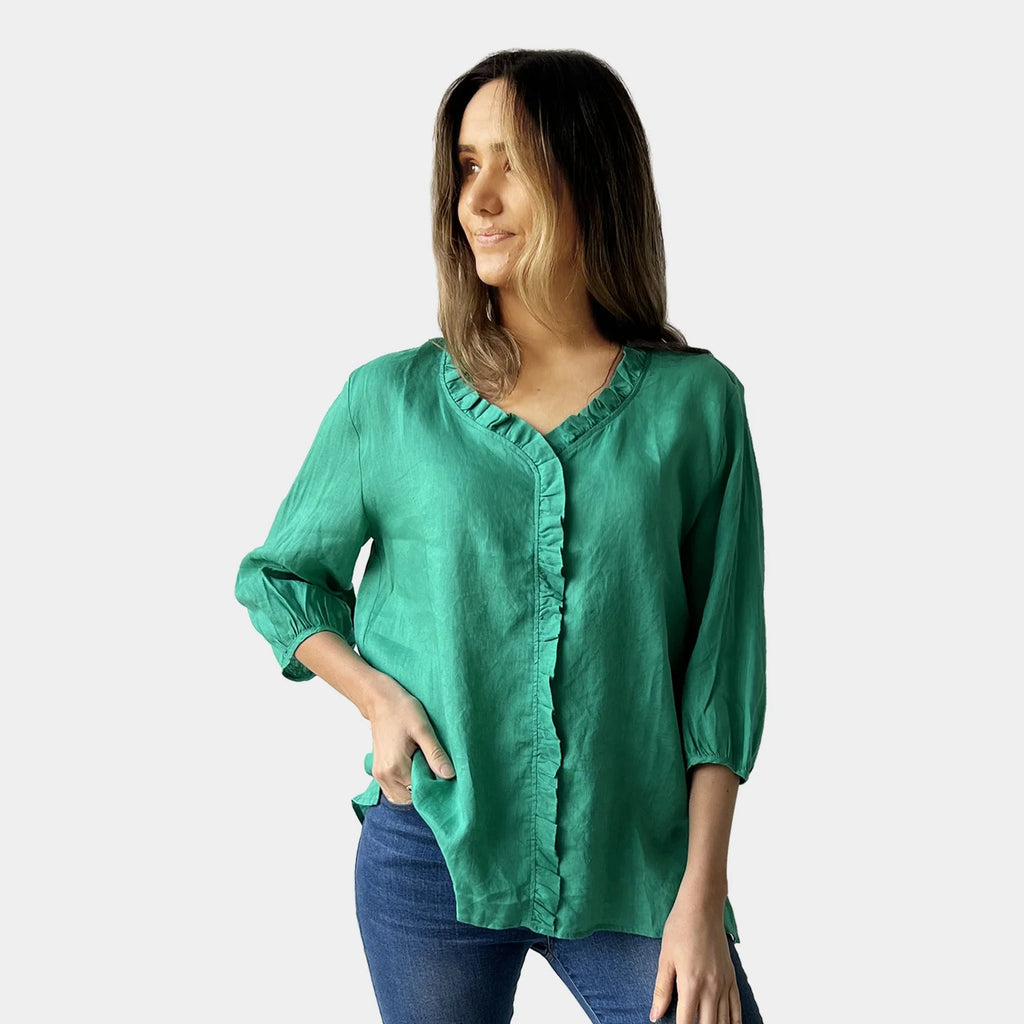 FRILL LINEN TOP IN GREEN
