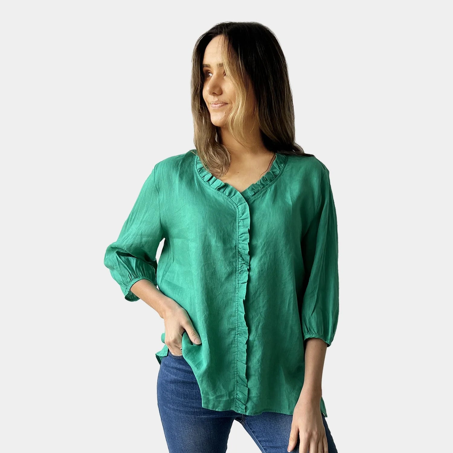 FRILL LINEN TOP IN GREEN
