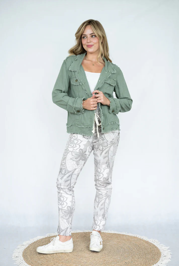 LINEN FRINGE JACKET IN KHAKI