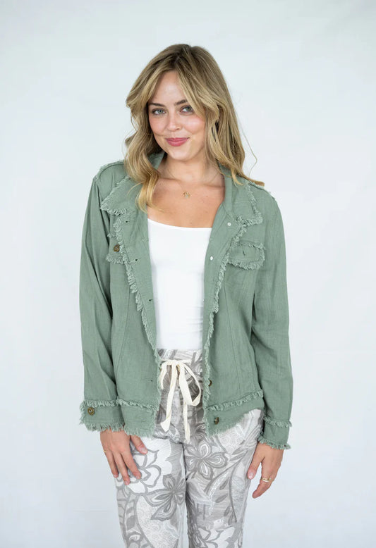 LINEN FRINGE JACKET IN KHAKI