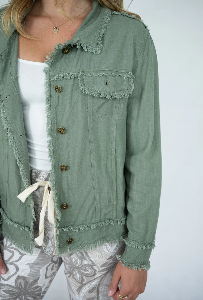 LINEN FRINGE JACKET IN KHAKI