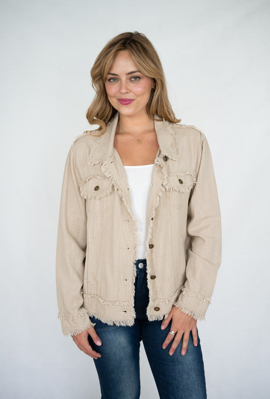 LINEN FRINGE JACKET IN TAUPE