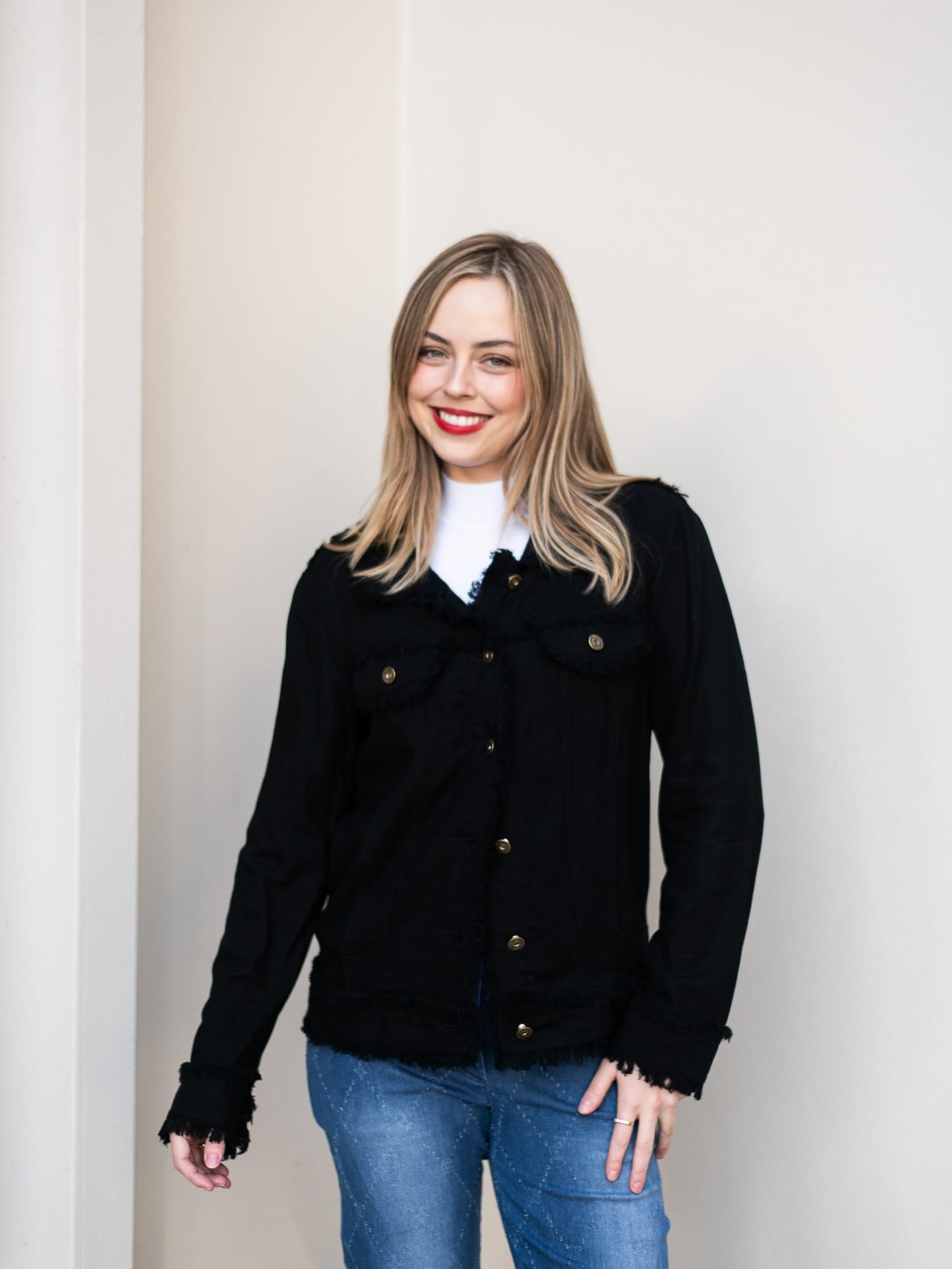 LINEN FRINGE JACKET BLACK