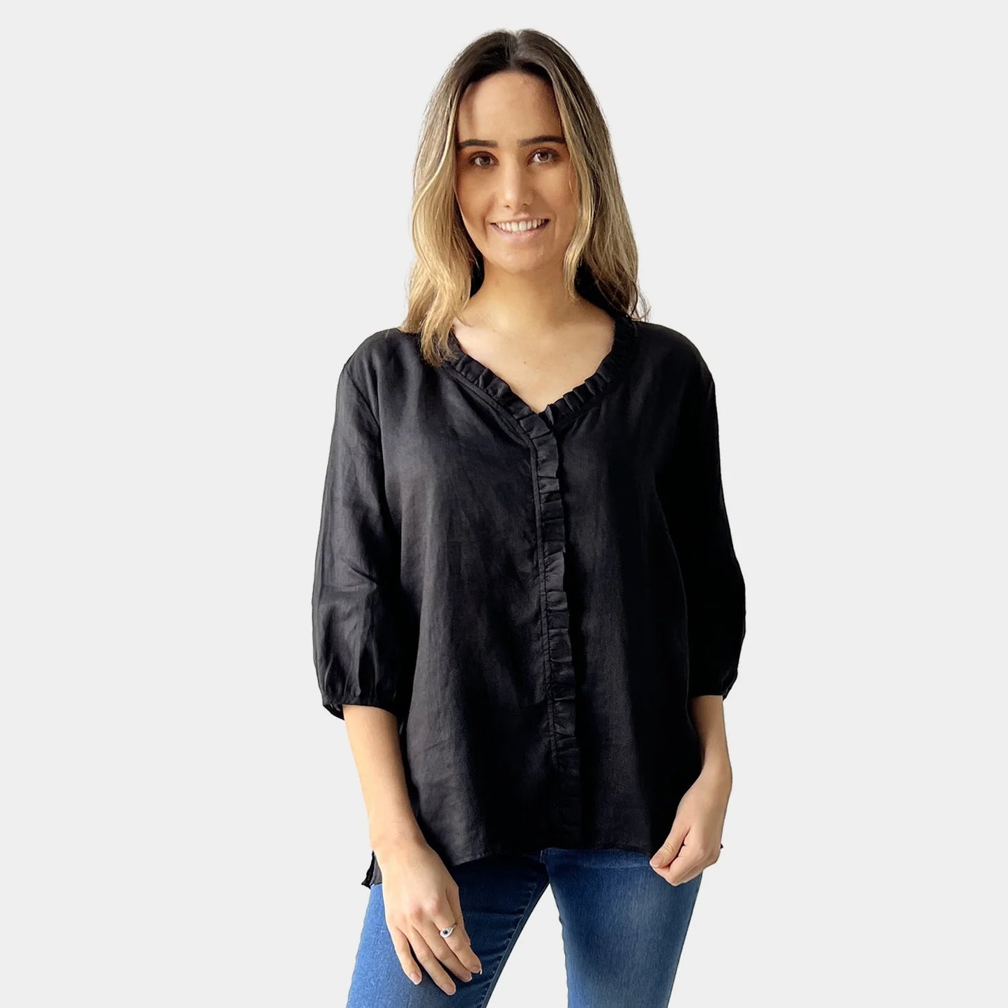 FRILL LINEN TOP BLACK