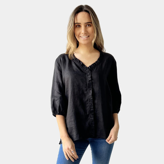 FRILL LINEN TOP BLACK