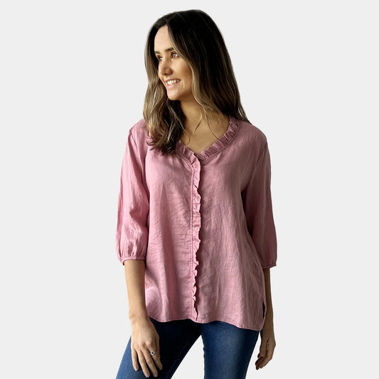 V-NECK  FRILL LINEN TOP