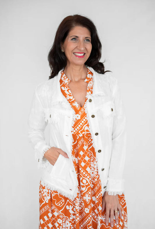 LINEN FRINGE JACKET IN WHITE