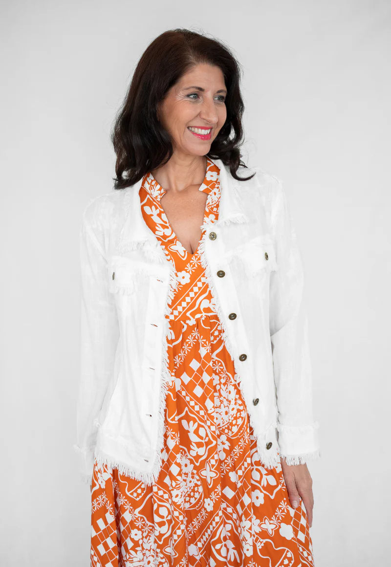 LINEN FRINGE JACKET IN WHITE