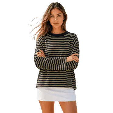 BILLIE LONG SLEEVE TEE IN CAMEL AND NAVY