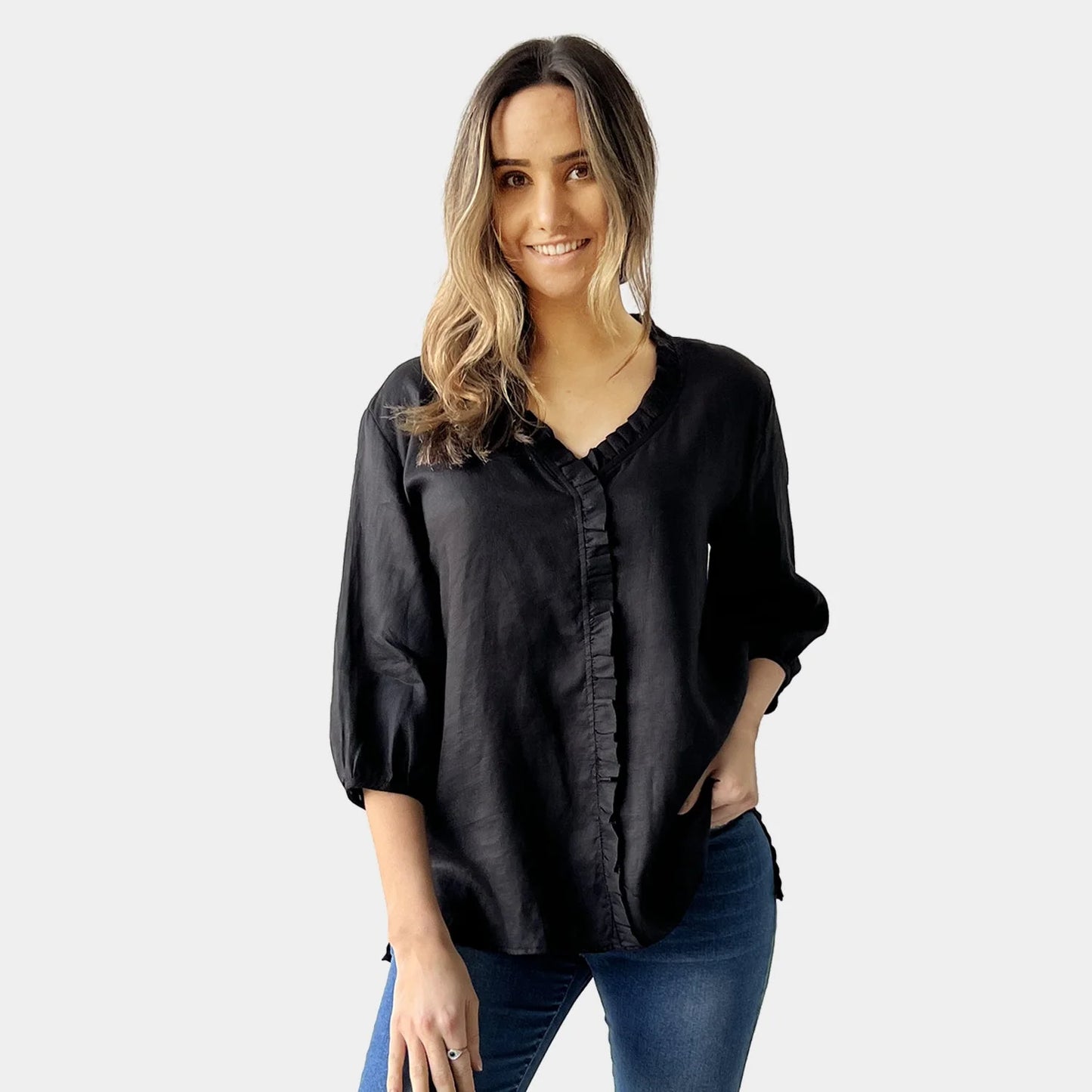 FRILL LINEN TOP BLACK