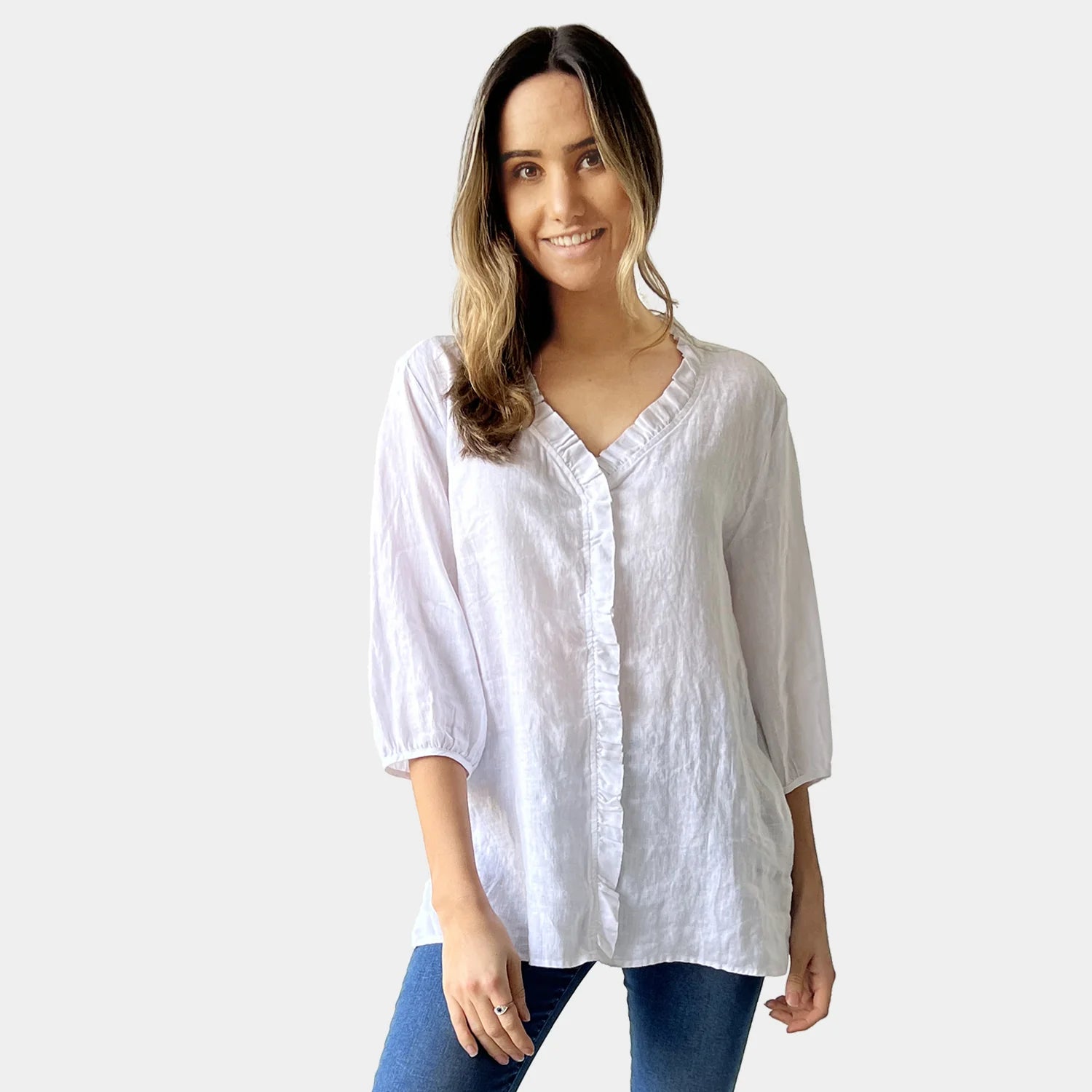 FRILL LINEN TOP IN WHITE