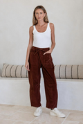 STRETCH CORD BARREL JOGGER IN CHESTNUT