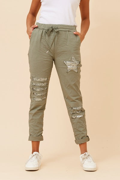 SEQUIN PATCH PANT IN KHAKI
