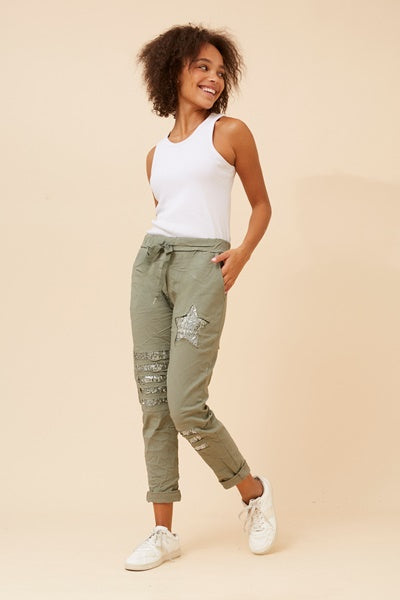SEQUIN PATCH PANT IN KHAKI
